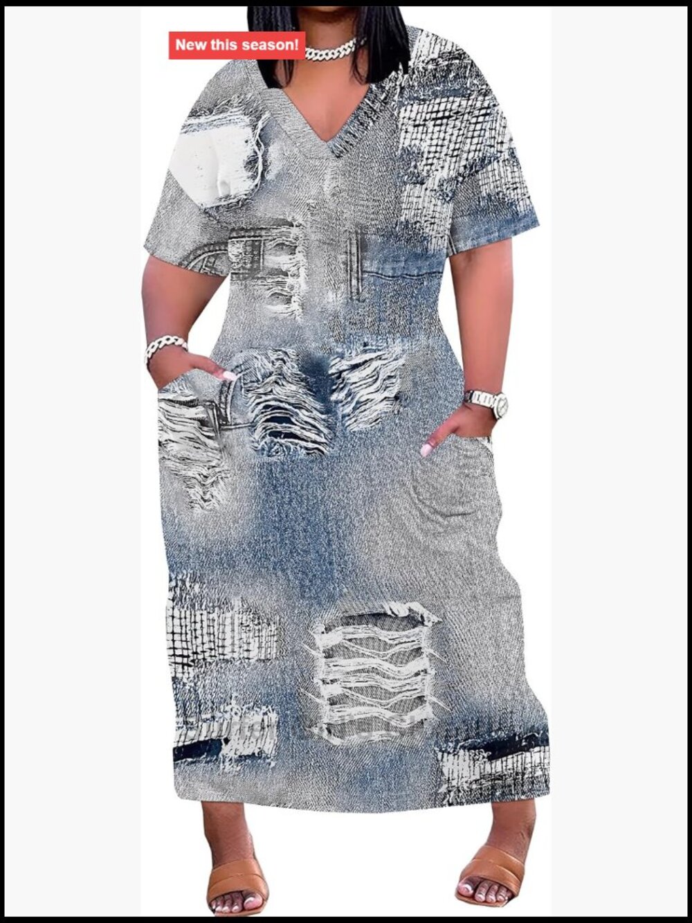 Plus Size Denim Print Maxi Dress V Neck Short Sleeve with Pockets Soft Jean Look